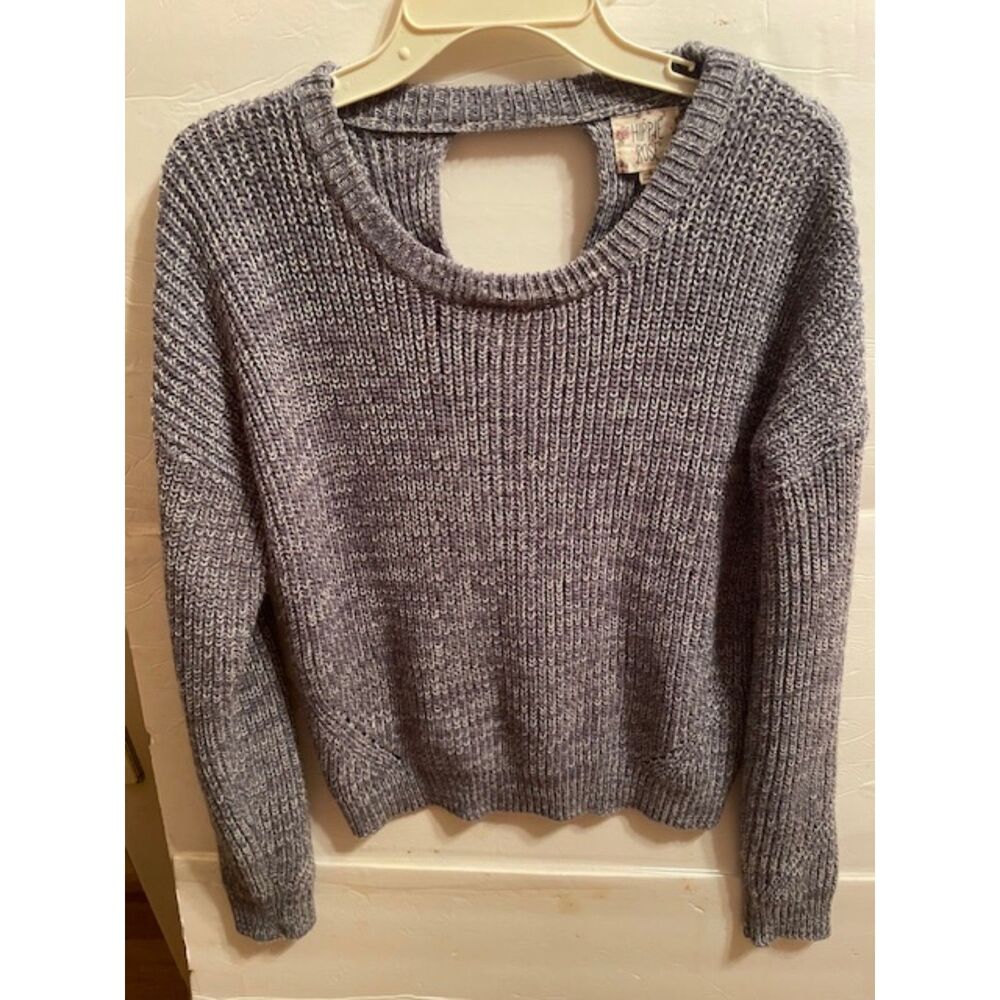 Hippie Rose Juniors  Pullover Sweater Heather Blue Round Neck Twist Back Large